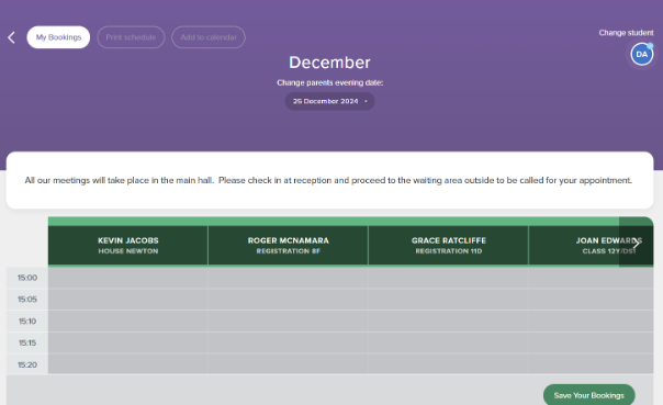 Screenshot of the parents' evening booking screen, displaying the 'Save Your Bookings' button in the bottom-right corner.